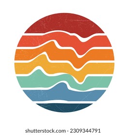 Wave Style Retro Sun Set Badge, Vintage Colorful Striped For Badge Design, T shirt Design, Summer Vintage Design, Logo Design, Vintage Color Palette With Grunge Texture