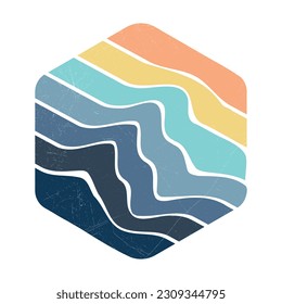 Wave Style Retro Sun Set Badge, Vintage Colorful Striped For Badge Design, T shirt Design, Summer Vintage Design, Logo Design, Vintage Color Palette With Grunge Texture