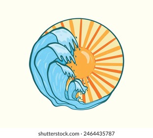 Wave Summer Sunset Paradise graphics design. Summer beach vibes. Sunshine with wave. Sunset Summer Wave Beach Vibes.