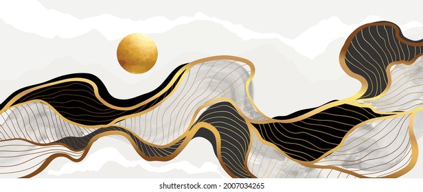 Wave And Sun Abstract Art Background Vector. Black And Gold Luxury Wallpaper Design For Wall Art And Home Decor, Prints, Cover And Banner Template.