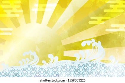 Wave and Sun background illustration with Japanese pattern