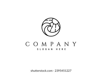 Wave sun beach logo icon vector in concept linear circle outline illustration. creative minimal design template.