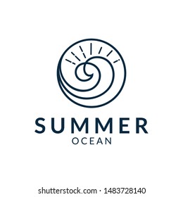 wave sun letter o logo, line art style, summer sea, beach, holiday travel, surfing sport icon, simple minimalist design