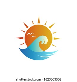 wave and sun logo design, ocean vector icon illustration, surfing sport, holiday travel, sea nature view