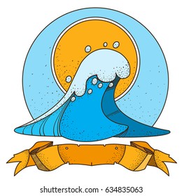Wave, sun and ribbon banner. Illustration for thematic publications and the design of objects.