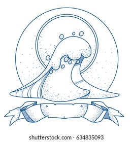 Wave, sun and ribbon banner. Illustration for thematic publications and the design of objects.