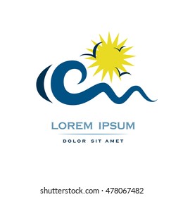 Wave, sun and seagulls. Abstract logo design concept. Wave symbols. Logo company.