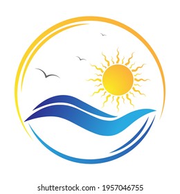 Wave, sun, and seagulls. Vector illustration for logo, emblem, sticker and creative design. Flat style.