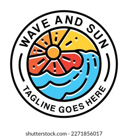 Wave and Sun Summer Beach Monoline Logo Vector Vintage Emblem Design badge illustration Symbol Icon