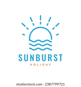 wave with sun sunburst simple line style minimal holidays logo design vector icon illustration