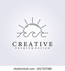 wave sun sunset sunrise icon logo sunburst lake water ocean vector illustration surf design