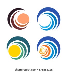 Wave and sun, sunset and sunrise logos. Isolated abstract decorative logo set, design element template on white background.