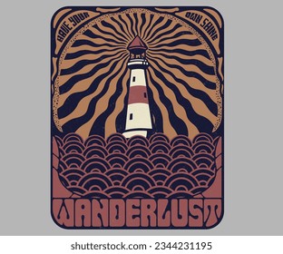 wave and sun vector design, light house on beach artwork for t shirt, sticker, poster, summer outdoor graphic print, illusion art, retro vintage typography