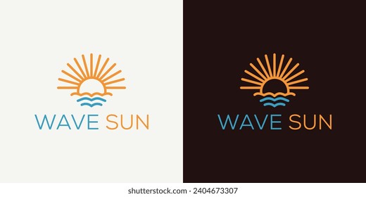 ilustración de diseño del logo del vector de onda y sol en el lado del lago hermosa vista