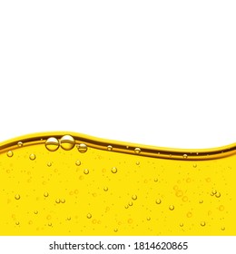 Wave of sunflower, olive oil, air bubbles in yellow liquid, carbonated drink. Realistic vector.