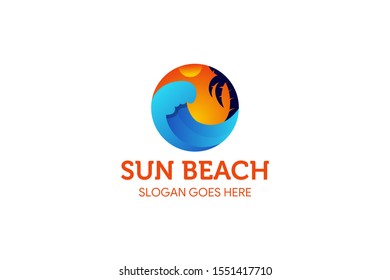 A wave in sunset condition with coconut tree on  a circle shape illustration logo design template.   Holiday or tourism and travel company can use this image. 