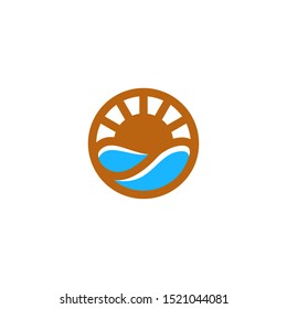 Wave sunset logo template, sun and sea icon design vector