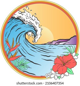 Wave Sunset and Tropical Flowers Vector