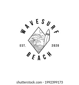 Wave Surf Ocean Beach With Surf Board Vintage Hipster Logo Vector Illustration Icon Template