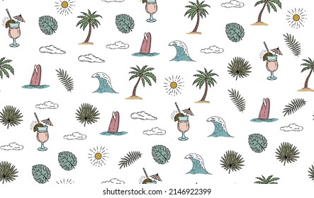 Wave, surfboard, cocktail, palm trees, monstera, hand drawn illustration, vector.