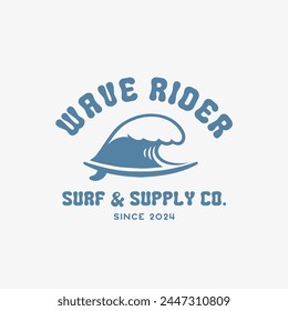 Wave and surfboard design template for surf club, surf shop, surf merch.