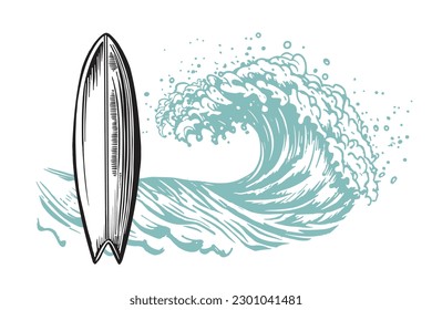 Wave and surfboard, hand drawn illustrations, vector.