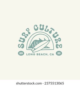 Wave with surfboard logo design template for surf club, surf shop, surf merch.