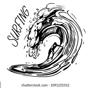 Wave with surfer. Hand drawn illustration converted to vector