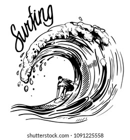 Wave with surfer. Hand drawn illustration converted to vector