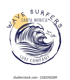 Wave surfers.Santa monica.Surf logo.Vector Round Emblem with Stylized Waves.
