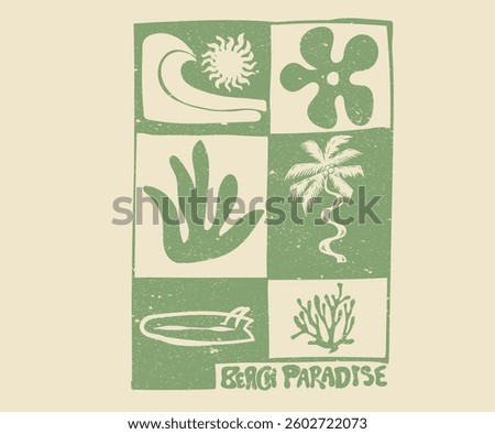 Wave, surfing board, sun, flower and palm tree artwork. Surf club design. Beach modern abstract art. Ocean abstract wave art. Here come the sun. Summer vibes artwork.