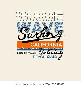 Wave Surfing california holiday typography diseño de Vector gráfico de playa de verano