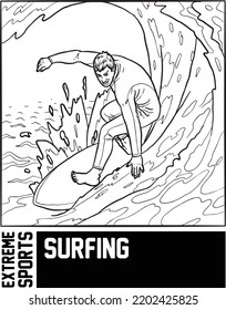 Wave Surfing Extreme Sports Artline Vector Illustration For Children Coloring Book