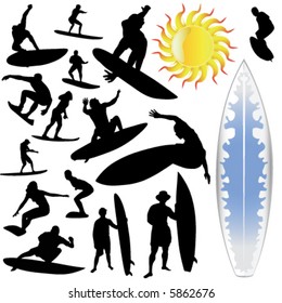 wave surfing and sun vector