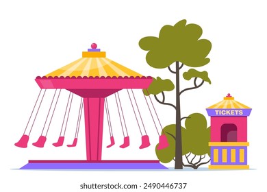 Wave swinger carousel ride with seats hanging on chains in amusement carnival park. Festive fair recreation entertainment attraction. Vector illustration