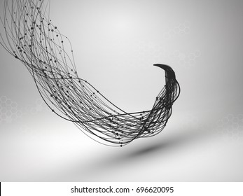 Ola. Girar con líneas y puntos conectados. Estructura alámbrica. Concepto de conexión. Antecedentes tecnológicos. Ilustración vectorial.