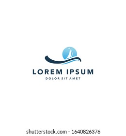 wave symbol with circle integrated sailing ship vector logo template