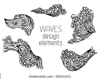 Wave symbols set isolated on white background. Hand-drawn elements for your design.