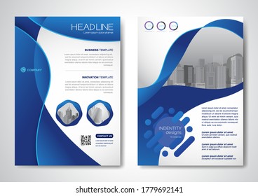 Wave template vector design for Brochure, Annual Report, Magazine, Poster, Corporate Presentation, Portfolio, Flyer, infographic, layout modern with blue color size A4, Front and back, Easy to use and edit.