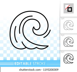 Wave thin line icon. Outline web sign of sea. Splash linear pictogram with different stroke width. Simple spiral tide curl vector symbol, transparent background. Wave editable stroke icon without fill