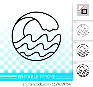 Wave thin line icon. Outline web sign of sea. Splash linear pictogram with different stroke width. Simple spiral tide curl vector symbol, transparent background. Wave editable stroke icon without fill