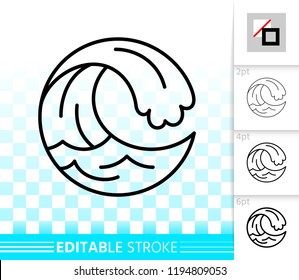 Wave thin line icon. Outline web sign of sea. Splash linear pictogram with different stroke width. Simple spiral tide curl vector symbol, transparent background. Wave editable stroke icon without fill
