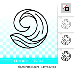 Wave thin line icon. Outline web sign of sea. Splash linear pictogram with different stroke width. Simple spiral tide curl vector symbol, transparent background. Wave editable stroke icon without fill