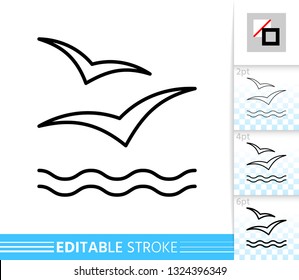 Wave thin line icon. Seagull banner in flat style. Sea poster. Linear pictogram. Simple illustration, outline symbol. Vector sign isolated on white. Editable stroke icons without fill