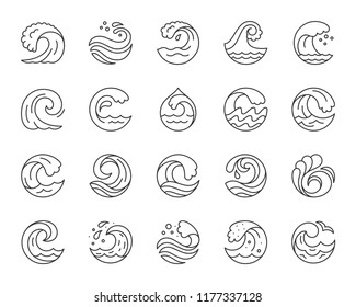 Wave thin line icons set. Outline web sign kit sea. Splash linear icon collection includes marine storm, tsunami tide, curve shape. Simple wave black contour symbol isolated white. Vector Illustration