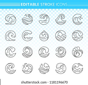 Wave thin line icons set. Outline web sign kit of sea. Splash linear icon collection includes clean water, ocean beach, surf sport. Editable stroke without fill Black wave simple contour vector symbol