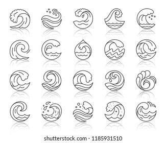 Wave thin line icons set. Outline sign kit of sea. Water splash linear icon collection includes nautical swirl, liquid circle, summer nature. Simple wave black contour symbol. Vector Illustration