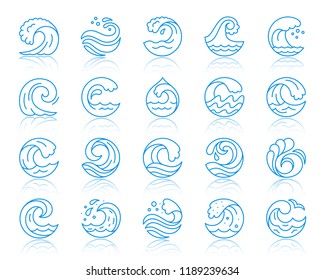 Wave thin line icons set. Outline vector monochrome web sign sea kit. Splash linear icon collection seaside ornate, cool wind, surface ripple Simple wave color contour symbol reflection isolated white