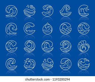 Wave thin line icons set. Outline vector web sign sea kit. Splash linear icon collection seaside ornate, cool wind, surface ripple Simple wave wtite contour symbol with reflection isolated on blue