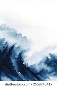 A wave with trees in the background. The blue color of the wave and the trees creates a calming and serene mood. The painting captures the beauty of nature and the power of the ocean
